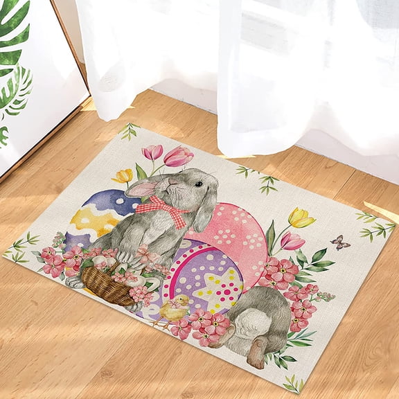 Easter Indoor Doormat Front Door Mat Happy Easter Innocent Bunny Dreamy Eggs Farm Fresh Tulips Non Slip Rubber Backing Absorbent Machine Washable Floor Mat Entrance Carpet Accent Rug Pet Mat