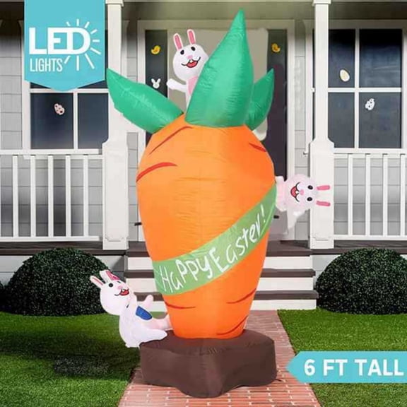 Easter Inflatable Carrot Props 210T Polyester LED Light Built-In Blower Fixing Accessories Ornament for Garden Yard Patio Spring Easter Holiday Party Decoration Supplies(Orange)
