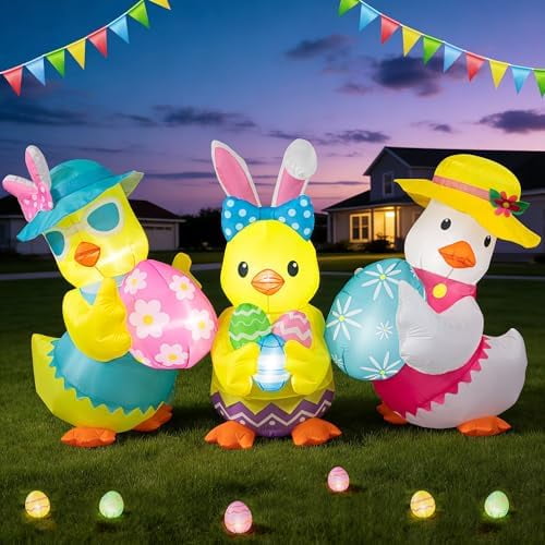 Easter Inflatables Outdoor Decorations 7.5FT Bunny Duck Chicken Blow Up Yard Decorations with LED Lights Easter Eggs Garden Lawn Patio Outside Holiday Spring Party Decor$$Garden & Patio