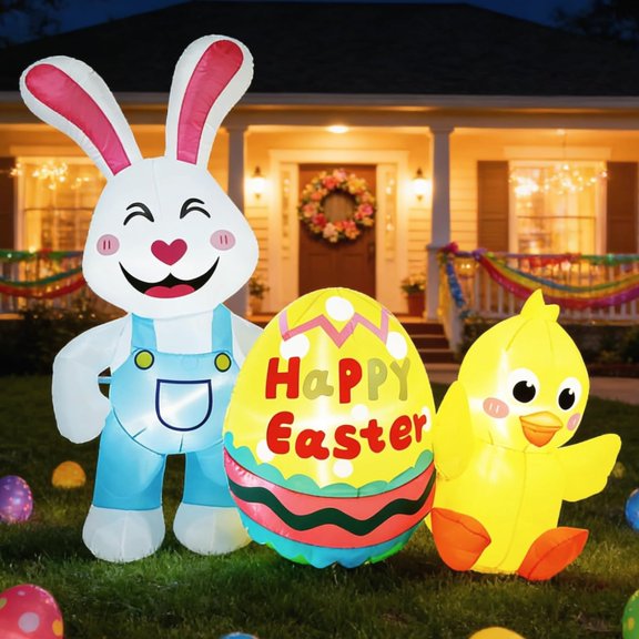 Easter Inflatables Outdoor Decorations Inflatable Bunny Chick with Colorful Eggs Giant Rabbit Blow Up Yard Decoration LED Lights