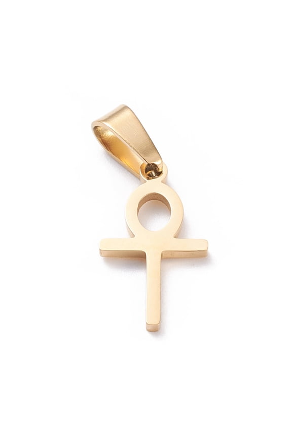 Easter Ion Plating(IP) 304 Stainless Steel Pendants Laser Cut Ankh Cross Golden 20x11x1.5mm Hole: 3.5x7mm 304 Stainless Steel