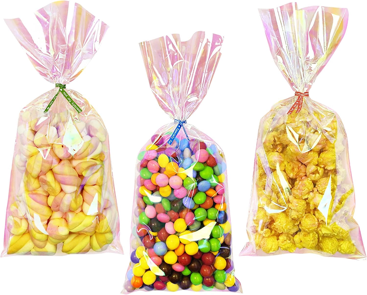 Yotelab Iridescent Holographic Cellophane Treat Bags, 5x11 Inches, Party Favors with Twist Ties, 100 Pieces