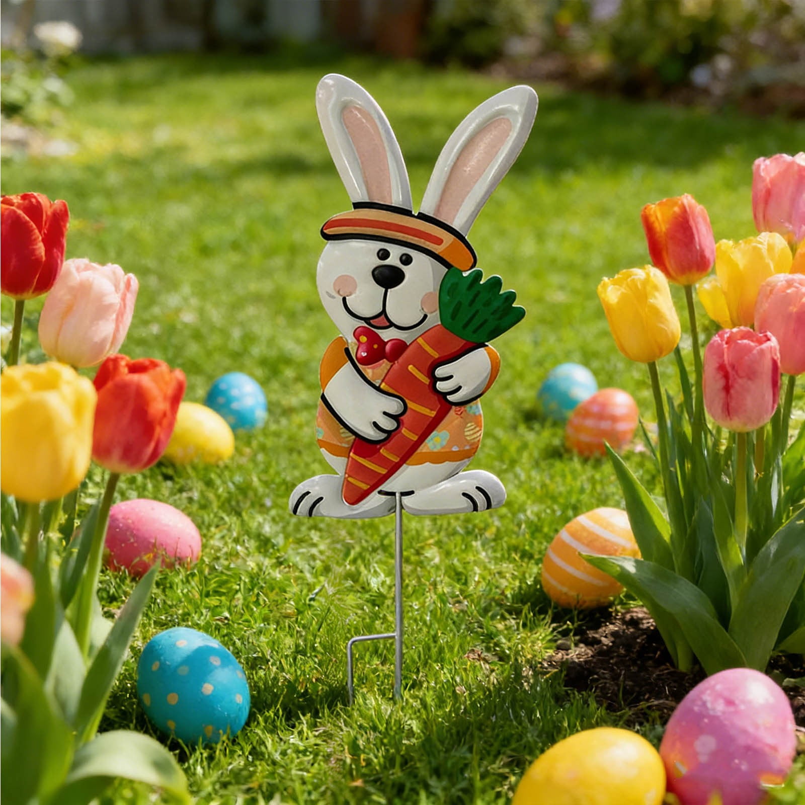 Easter Iron Bunny Ground Stake Decoration - Metal Bunny Garden Stake ...