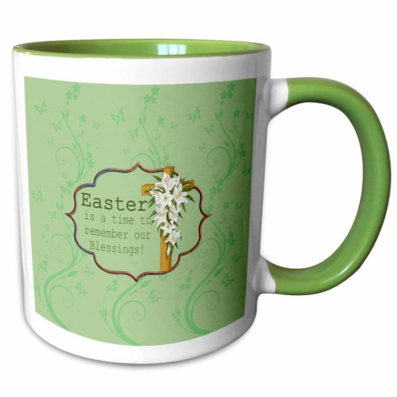 3drose, Easter Is a Time to Remember Our Blessings, Cross, Lilies, Vine Design, 11oz Two-tone Green Mug