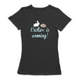 thumbnail image 1 of Easter Is Coming Bunny Egg Graphic Women Black T-Shirt, Female Medium, 1 of 4