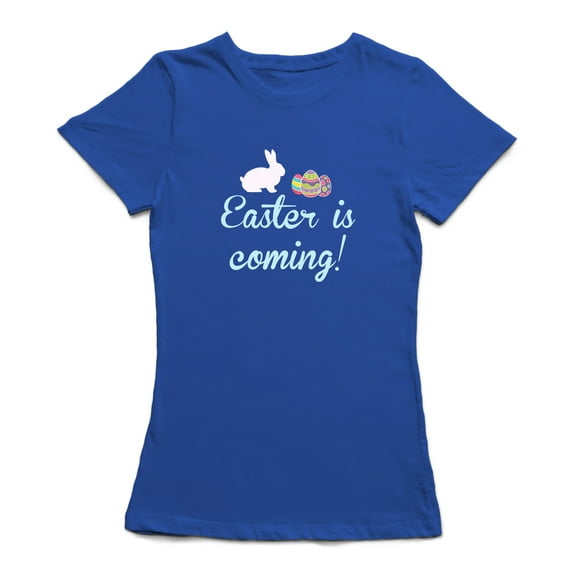 Easter Is Coming Bunny Egg Graphic Women Royal Blue T-Shirt, Female Medium