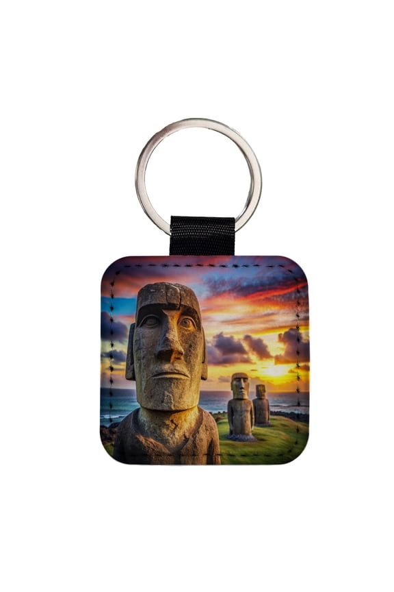 Easter Island Statues At Sunset Watercolor Faux Leather Square Keychain