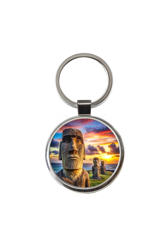 Easter Island Statues At Sunset Watercolor Metal Round Keychain