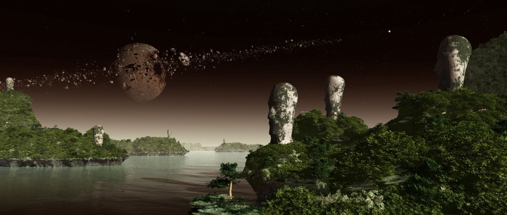 Easter Island like heads on an alien world In the sky a broken moon Canvas Art - Frieso HoevelkampStocktrek Images (44 x 19)