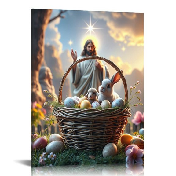 Easter Jesus Bunny with Basket of Eggs Canvas Print Wall Art, Contemporary Artwork Wall Art for Living Room, Bedroom, Bathroom, Office, Hallway, Kitchen Decor, Classic Home Decoration Gift Framed