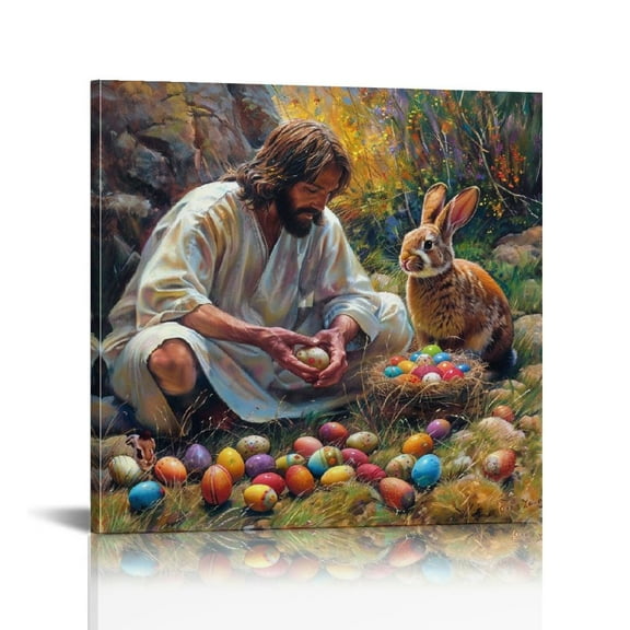 Easter Jesus Bunny with Basket of Eggs Canvas Print Wall Art, Contemporary Artwork Wall Art for Living Room, Bedroom, Bathroom, Office, Hallway, Kitchen Decor, Classic Home Decoration Gift Framed