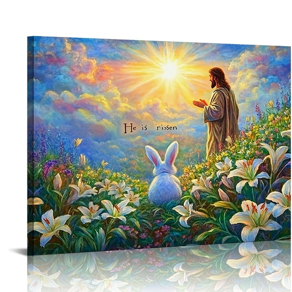 Easter Jesus Canvas Wall Art with Wooden Frame - "He is Risen" Easter Scene Featuring Jesus, Bunny & Lilies, Wall Art for Church Living Room Bedroom Kitchen Office Cafe Decor Serene Room Accent