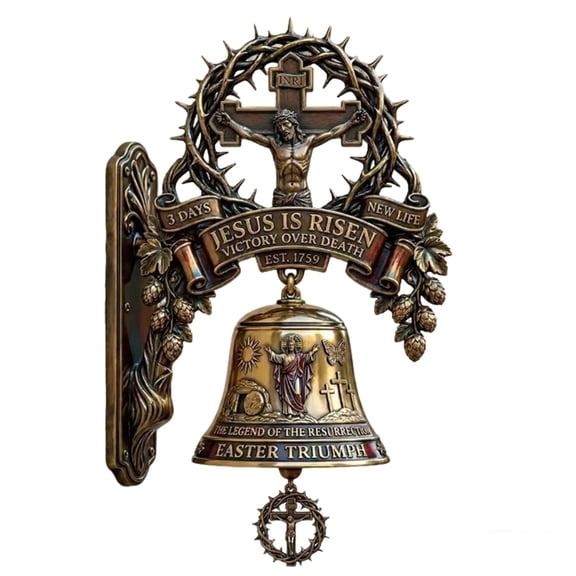 Easter Jesus Cross Commemorative Wall Bell Christian Resurrection Metal Hanging Decor Religious Faith Cross Wall Ornament Church Home Prayer Keepsake Memorial Tribute Gift