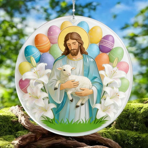 Easter Jesus Decorative Pendant Easter Jesus Nativity Ornament with Christian Bunny Eggs Hanging Ornament Spring Holiday Religious Decor for Home Wall Tree Decoration Supplies