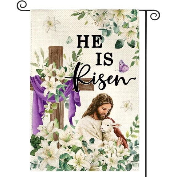 Easter Jesus Lamb Cross Garden Flag 12x18 Inch Double Sided He Is Risen Lily Floral Yard Outside Decor