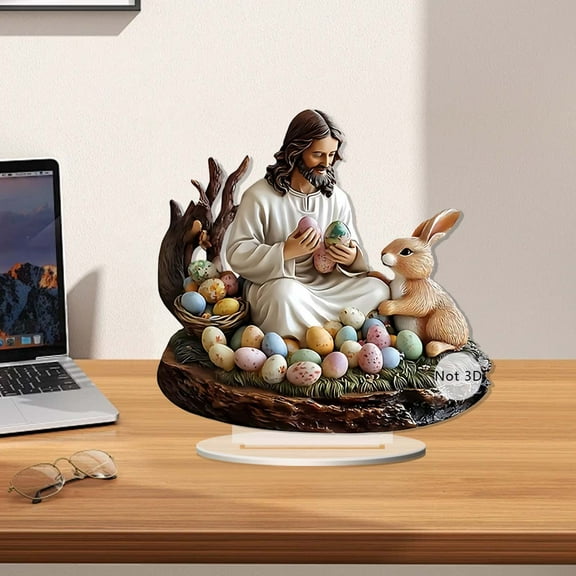 Easter Jesus Rabbit Eggs Acrylic Home Decor, 19.5x18.9cm Waterproof and Wear-Resistant Living Room Festival Scene Ornament