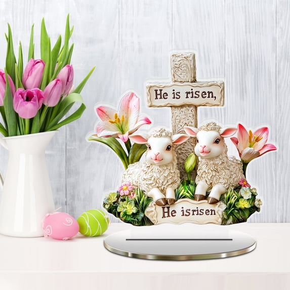 Easter Jesus Tabletop Decorations,Religious Easter Decorations 2 D Acrylic Rustic Jesus Cross Eggs Flower Tablet Centerpiece Farmhouse Christian Easter Table Sign for Office Desk Tiered Tray Decor