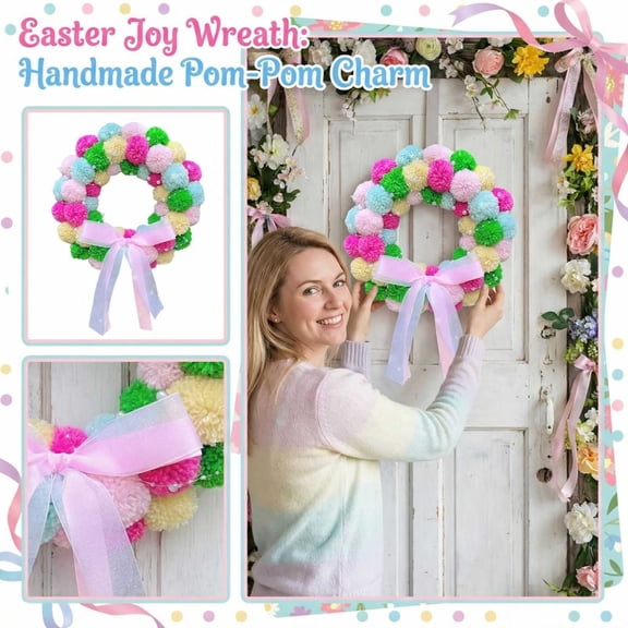 Easter Joy Wreath, Handmade Pom-Pom Charm Floral Circle Hanging Decoration For Indoor Outdoor Porch, Wood & Material Festive Door Wreath As Warm Gift For Family Friends