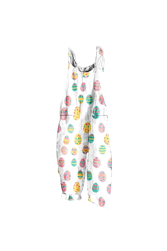 Easter Jumpsuits for Women Easter Egg Print Linen Adjustable Strap Wide Leg Long Pants Rompers Overalls with Pockets
