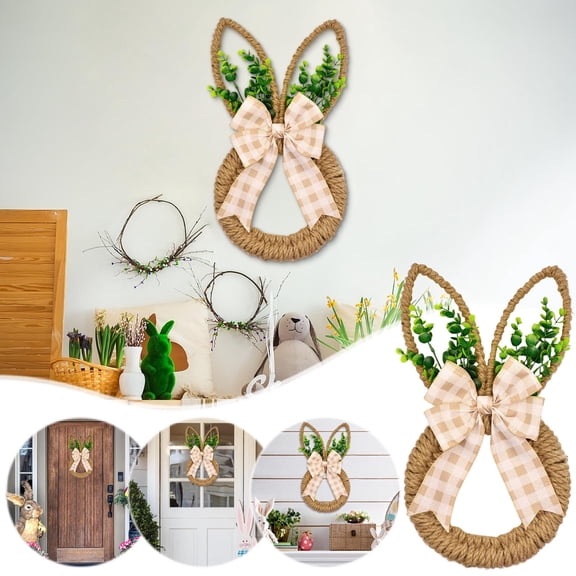 Easter Khaki Plaid Bunny Wreath Door Decor - Festive Spring Rabbit Themed Wreath, Checkered Design for Home Entryway Porch, Easter Holiday Hanging Decor, Adds Warm Festive Vibe, 2*10*18in, Brown
