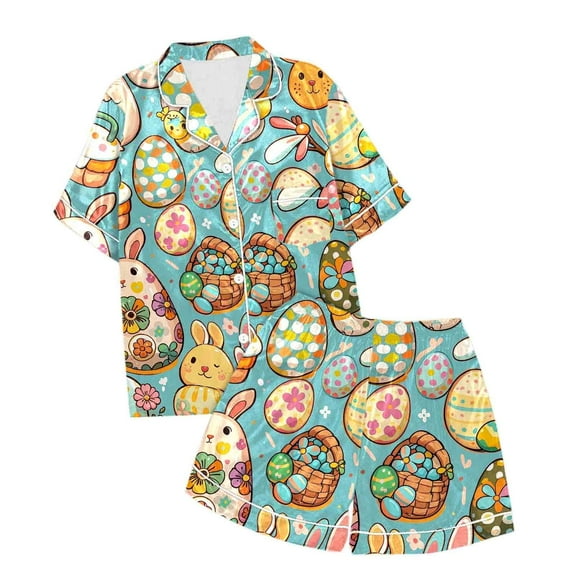 Easter Kids Girls Satin Pajamas Set Cute Easter Bunny Button up Short Sleeve Pajamas Set Summer Clothes