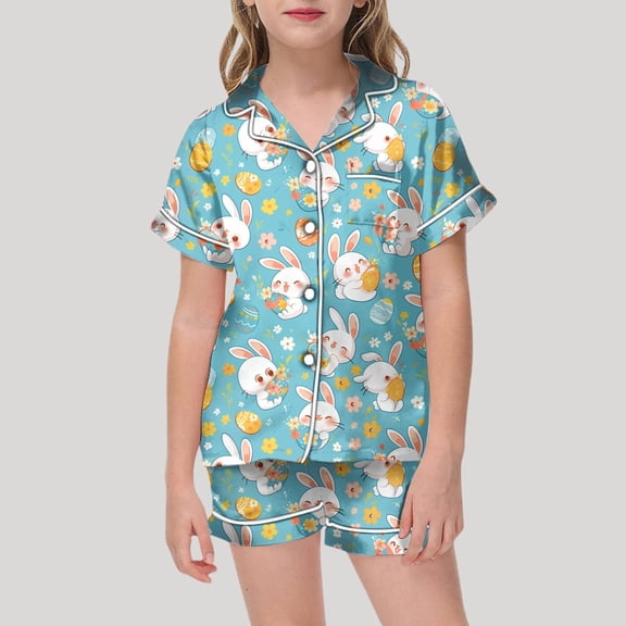 Easter Kids Girls Satin Pajamas Set Easter Bunny Print Button up Short Sleeve Shirt And Shorts Pajamas Set Cute Pajamas For Girls