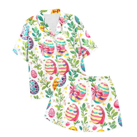 Easter Kids Girls Satin Pajamas Set Easter Egg Cartoon Printed Button up Short Sleeve Shirt And Shorts Pajamas Set Preppy Pajamas For Girls