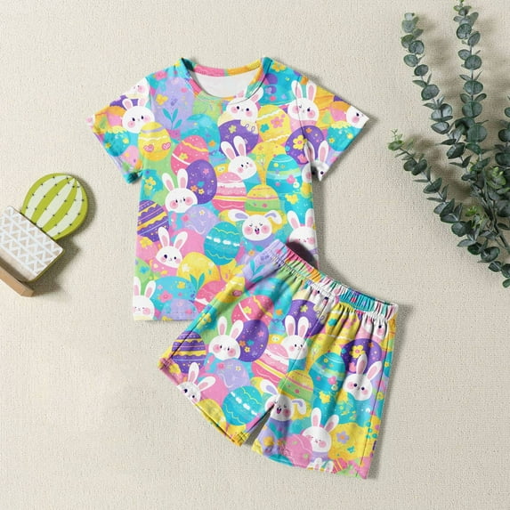 Easter Kids Pajamas Set Cute Bunny Outfit Crewneck Short Sleeve Pullover Top Shorts Set Matching Sleepwear Outfits