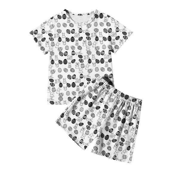 Easter Kids Pajamas Set Cute Bunny Outfit Crewneck Short Sleeve Pullover Top Shorts Set Matching Sleepwear Set