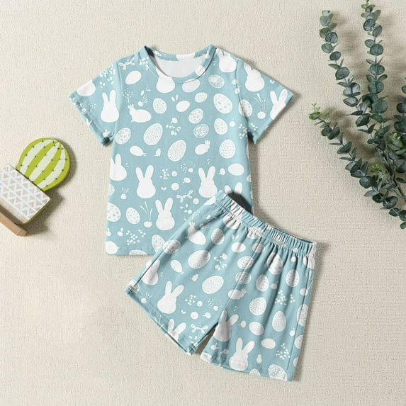 Easter Kids Pajamas Set Cute Bunny Outfit Crewneck Short Sleeve T-Shirt And Shorts Pajamas Set Summer Pajamas