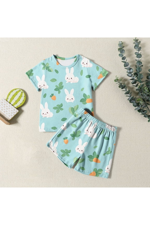 Easter Kids Pajamas Set Cute Bunny Outfit Crewneck Short Sleeve T-Shirt And Shorts Set Toddler Clothes Easter