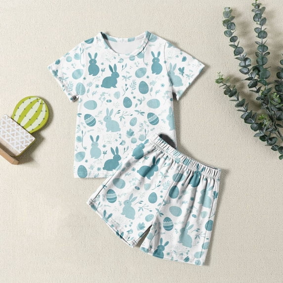 Easter Kids Pajamas Set Cute Easter Bunny Crewneck Short Sleeve T-Shirt And Shorts Set Toddler Outfits