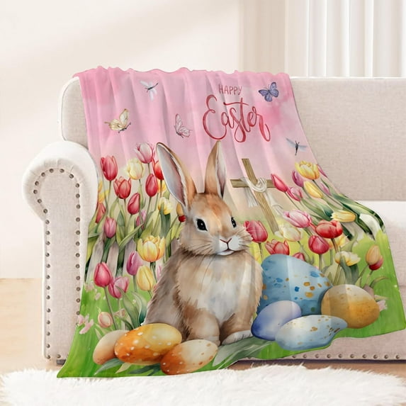 Easter Kids Throw Blanket Small Farmhouse Egg Bunny Pink Blanket Spring Flower Floral Tulip Blanket for Girls Boys Child Baby Bed Couch Soft Fuzzy Fleece Blankets Gift 40x50