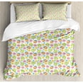 thumbnail image 1 of Easter King Size Duvet Cover Set, Patchwork Style Graphic Scrapbook Pattern with Daisy Sewing Buttons and Egg Figures, Decorative 3 Piece Bedding Set with 2 Pillow Shams, Multicolor, by Ambesonne, 1 of 3