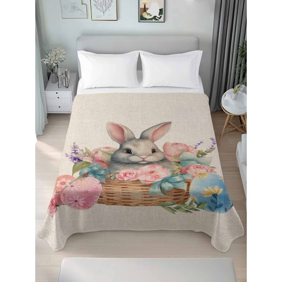 Easter, King Size Flat Sheet, Wrinkleproof & Fadeproof Cooling Flat Bed Sheet Only, Rustic Easter Basket Eggs Rabbits Tulip Lavender Breathable Soft Bedding Top Sheets 105 x 98 Inches