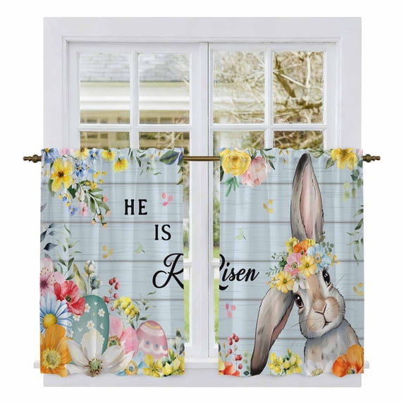 Easter Kitchen Curtain for Berdoom Living Room Cafe 45 Inch Length, Spring Farmhouse Bunny Flower Blue Wood Grain Tiers Curtains Light Filtering Drapes Rod Pocket Window Treatment 2 Panels 52"Wx45"L