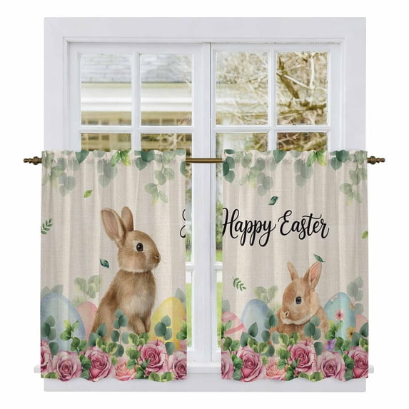 Easter Kitchen Curtain for Berdoom Living Room Cafe 45 Inch Length, Spring Watercolor Bunny Eggs Flower Leaf Beige Tiers Curtains Light Filtering Drapes Rod Pocket Window Treatment 2 Panels 52"Wx45"L