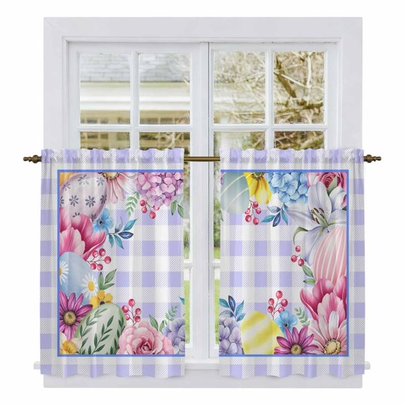 Easter Kitchen Curtain for Berdoom Living Room Cafe 45 Inch Length, Watercolor Eggs Flowers Berry Plants Purple Plaid Tiers Curtains Light Filtering Drapes Window Treatment 2 Panels 52"Wx45"L