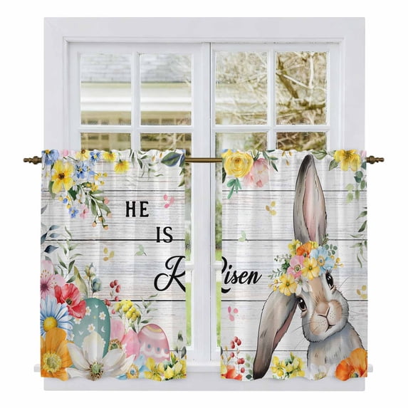Easter Kitchen Curtain for Berdoom Living Room Cafe 54 Inch Length, Spring Farmhouse Vintage Bunny Flower Wood Grain Tiers Curtains Light Filtering Drapes Window Treatment 2 Panels 52"Wx54"L