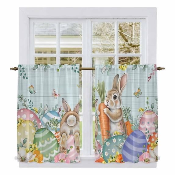 Easter Kitchen Curtain for Berdoom Living Room Cafe 54 Inch Length, Spring Rabbit Tail Eggs Eucalyptus Leaves Wood Tiers Curtains Light Filtering Drapes Rod Pocket Window Treatment 2 Panels 52"Wx54"L