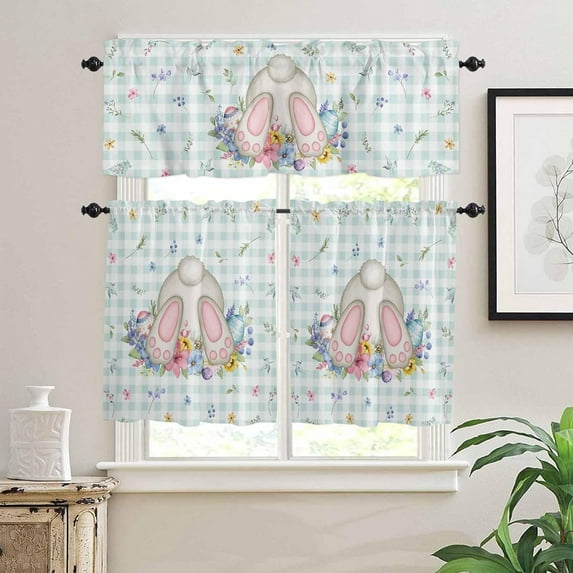 Easter Kitchen Curtain Valance Set of 3,Colorful Eggs Rod Pocket Valances for Windows,Rabbit Tail Light Filtering Tier Curtains,Blue White Plaid Privacy Window Treatment for Bedroom Living Room