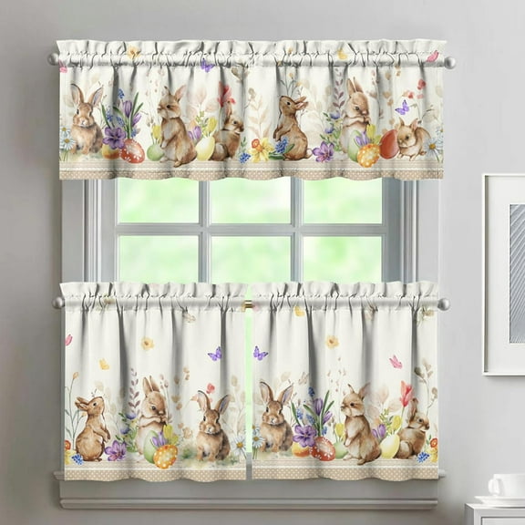 Easter Kitchen Curtains 3 Piece Set, Spring Easter Bunny Floral Kitchen Decorations for Home Interior, Farmhouse Kitchen Curtains and Valance Set 24 Inch Short Curtain Sink Window Decor