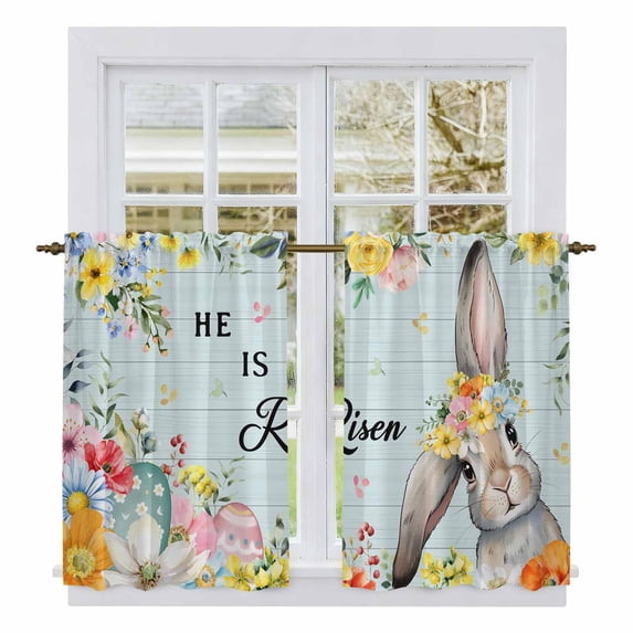 Easter Kitchen Curtains 54 Inch Length, Spring Farmhouse Bunny Flower Teal Wood Grain Tiers Curtains for Bathroom Bedroom Cafe, Light Filtering Small Window Treatment Short Drapes 2 Panels 42"Wx54"L