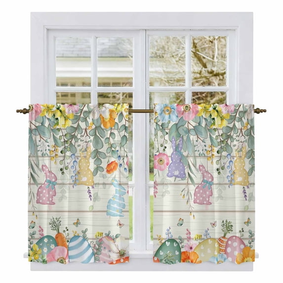 Easter Kitchen Curtains 54 Inch Length, Spring Rabbit Eggs Eucalyptus Leaves Floral Wood Tiers Curtains for Bathroom Bedroom Cafe, Light Filtering Small Window Treatment Drapes 2 Panels 42"Wx54"L