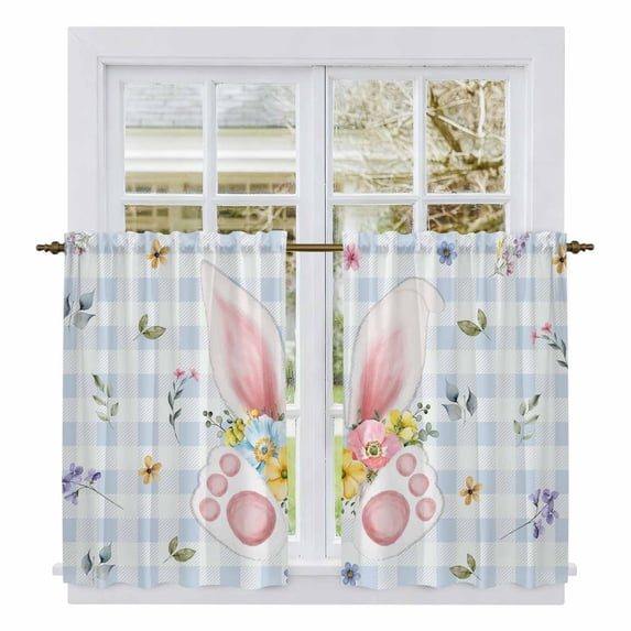 Easter Kitchen Curtains 54 Inch Length, Spring Rabbits Ears Feet Floral Blue Lattice Tiers Curtains for Bathroom Bedroom Cafe, Light Filtering Small Window Treatment Short Drapes 2 Panels 42"Wx54"L