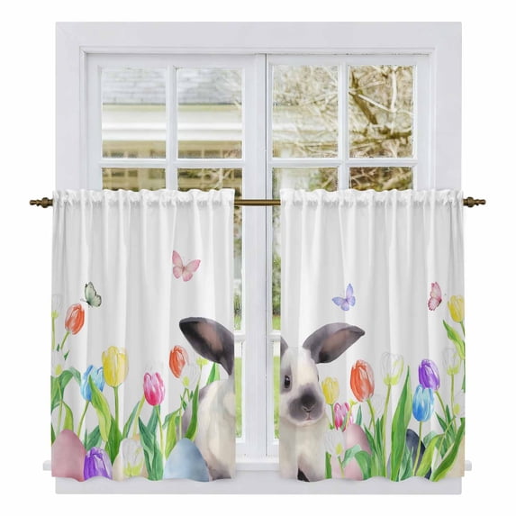 Easter Kitchen Curtains 54 Inch Length, Spring Watercolor Flowers Bunny Butterfly Eggs Tiers Curtains for Bathroom Bedroom Cafe, Light Filtering Small Window Treatment Short Drapes 2 Panels 42"Wx54"L