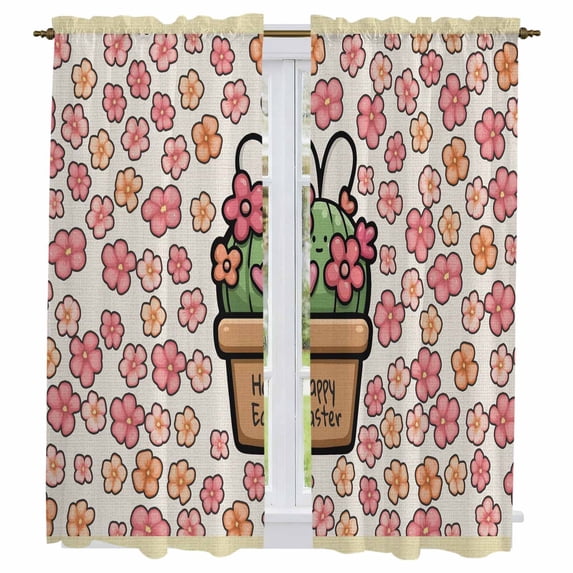 Easter Kitchen Curtains 63 Inch Length, Bunny Ears Spring Pink Flowers Potted Plant Rustic Tiers Curtains for Living Room Berdoom Bathroom, Light Filtering Drapes Window Treatment 2 Panels 42"Wx63"L