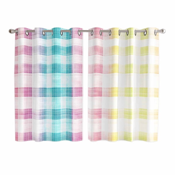 Easter Kitchen Curtains 63 Inch Length, Colorful Plaid Ombre Art Yellow Pink Green Grommet Top Bedroom Living Room Curtains, Light Filtering Cafe Curtain Drapes 2 Panels Set 104''x63''