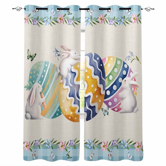Easter Kitchen Curtains Colorful Eggs Rabbit Flowers Leaves Blue Plaid Cafe Short Curtains for Bathroom Blackout Window Curtain Small Window Treatment Drapes for Bedroom Living Room 27.5"x39"x2