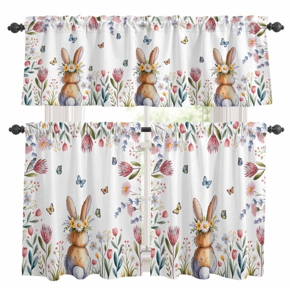 Easter Kitchen Curtains Sets for Windows 36 Inch Length, Spring Flowers Wreath Rabbit Budding Florals Rod Pocket Window Treatments Tier Curtains and Valances Set for Bedroom/Bathroom